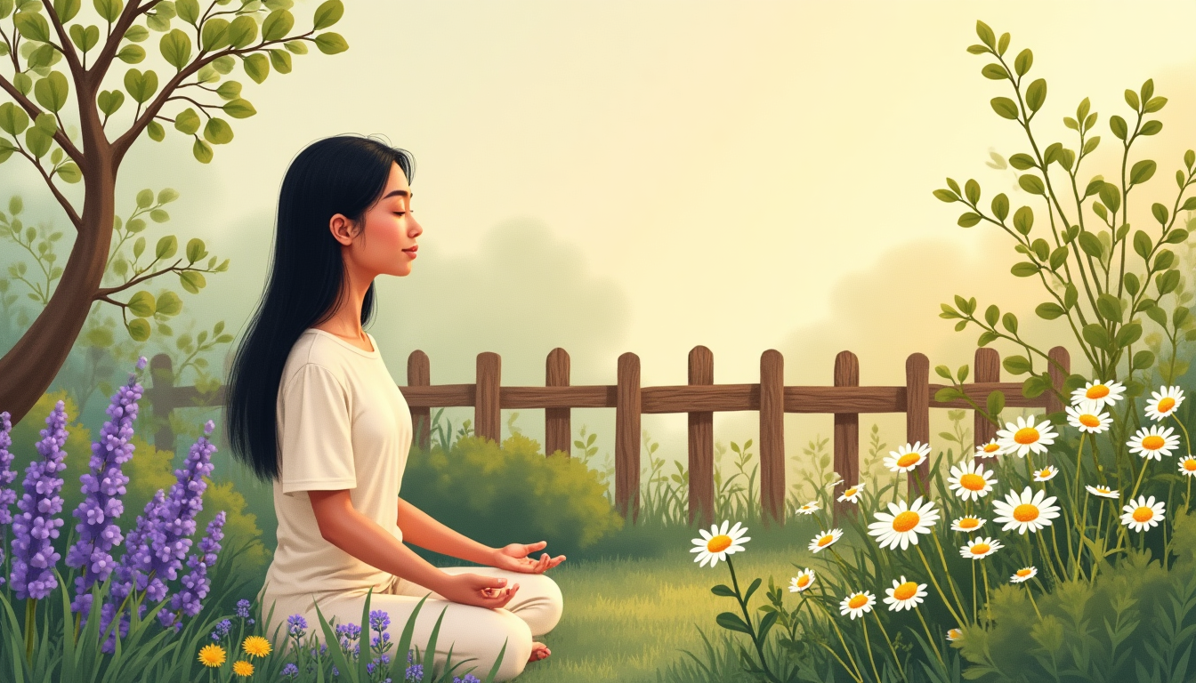 Calming herbs for anxiety including chamomile, lavender and lemon balm in a Thai garden setting