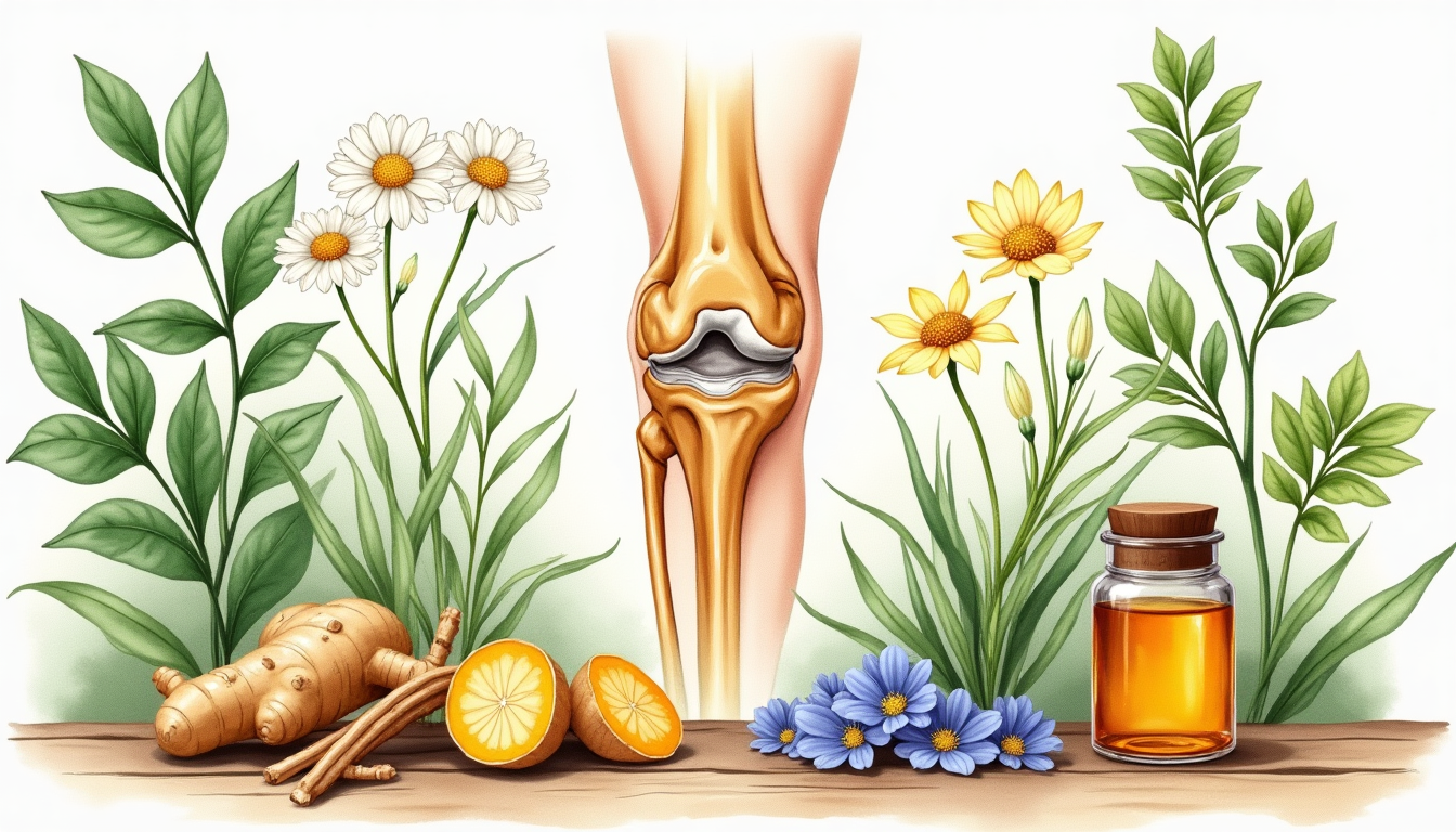 Botanical illustration of herbs for osteoarthritis treatment