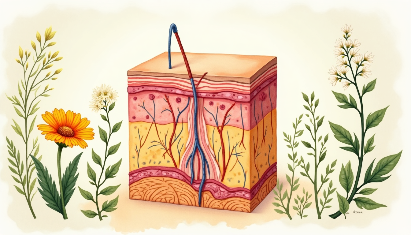 Botanical illustration of skin anatomy and herbal medicine
